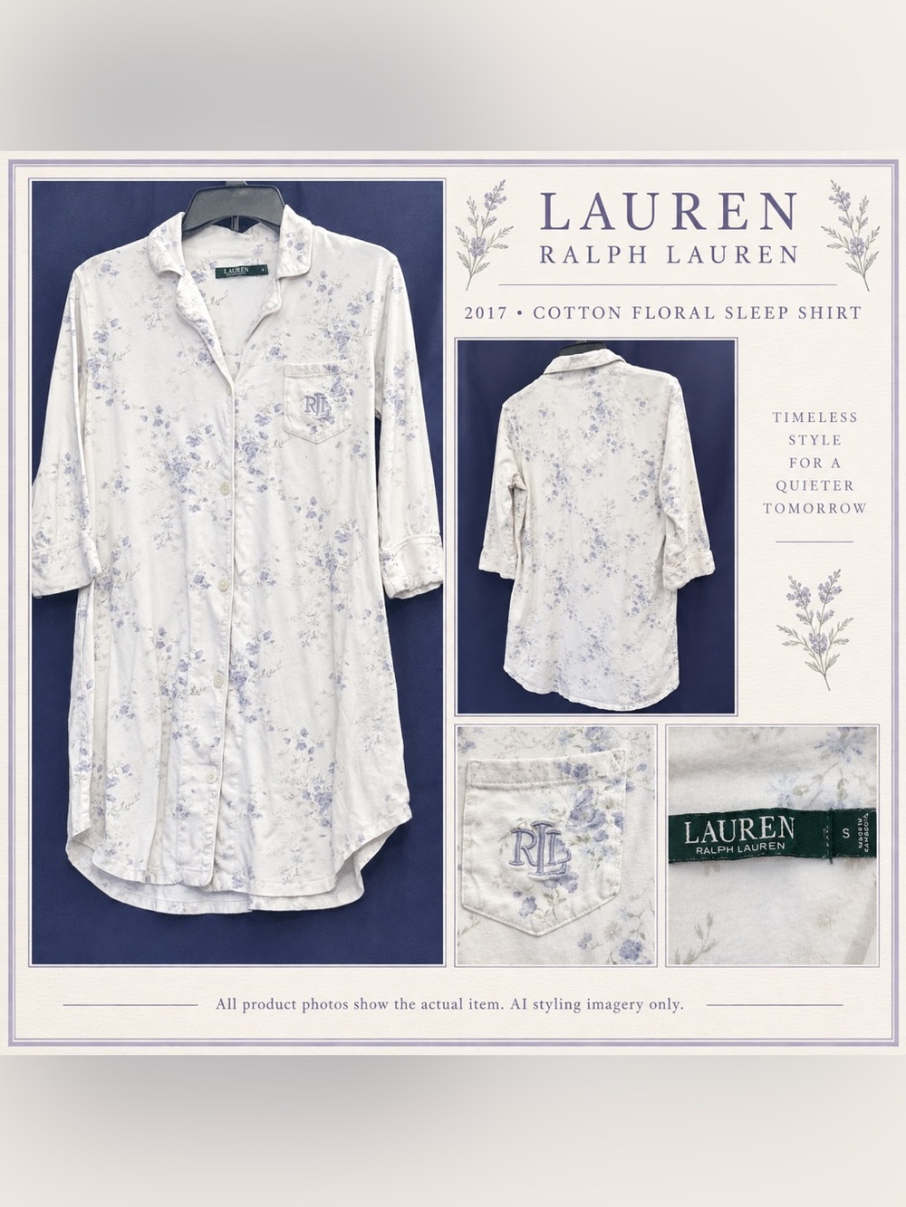 Lauren Ralph Lauren 2017 Floral Cotton Sleep Shirt S Lavender Button Front RL